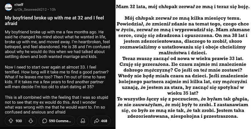 Mam 32 lata, mój chłopak zerwał ze mną i teraz się boję 