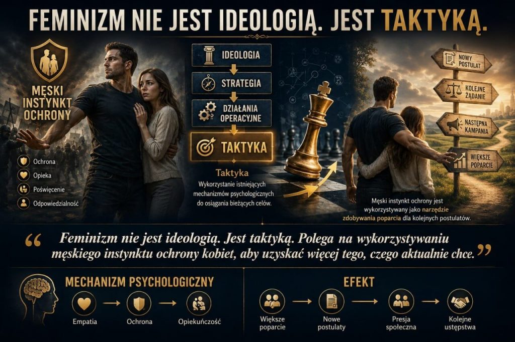 Feminizm nie jest ideologią. Jest taktyką. Polega na wykorzystywaniu męskiego instynktu ochrony kobiet, aby uzyskać więcej tego, czego aktualnie chce