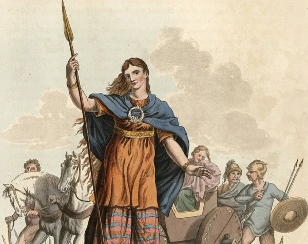 Boudika, królowa Icenów, z „Kostiumu pierwotnych mieszkańców Wysp Brytyjskich” (1815)