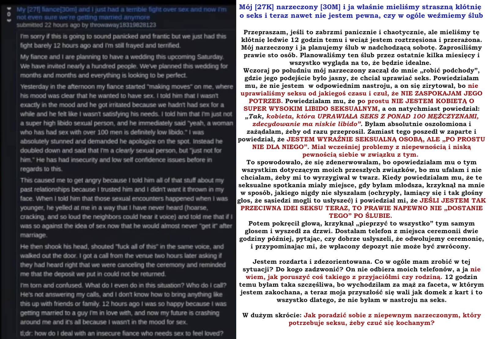 Mój [27K] narzeczony [30M] i ja właśnie mieliśmy straszną kłótnię o seks i teraz nawet nie jestem pewna, czy w ogóle weźmiemy ślub