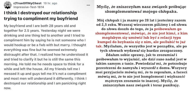 Myślę, że zniszczyłam nasz związek próbując skomplementować mojego chłopaka.
