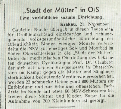 Notatka prasowa w „Krakauer Zeitung” z dn. 21. XI. 1944 r. * o utworzeniu na Śląsku kliniki dla matek prowadzonej przez Clauberga