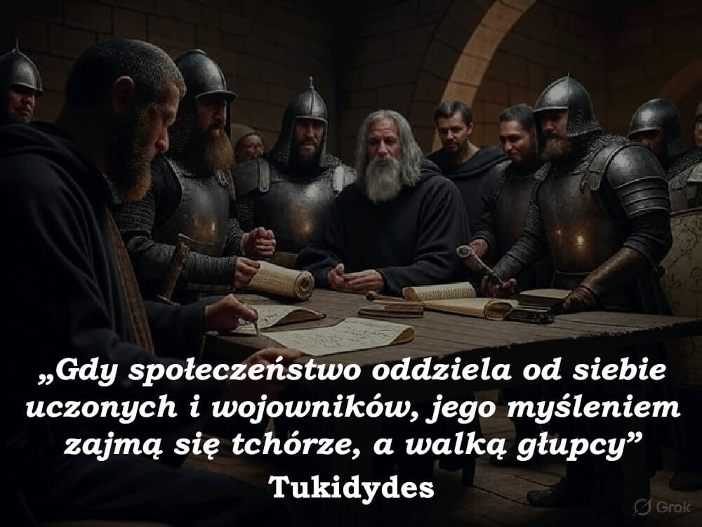 „Gdy społeczeństwo oddziela od siebie uczonych i wojowników, jego myśleniem zajmą się tchórze, a walką głupcy” - Tukidydes