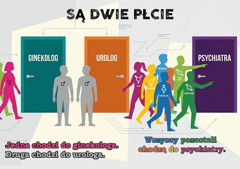 Są dwie płcie. Jedna chodzi do ginekologa. Druga chodzi do urologa. Wszyscy pozostali chodzą do psychiatry.