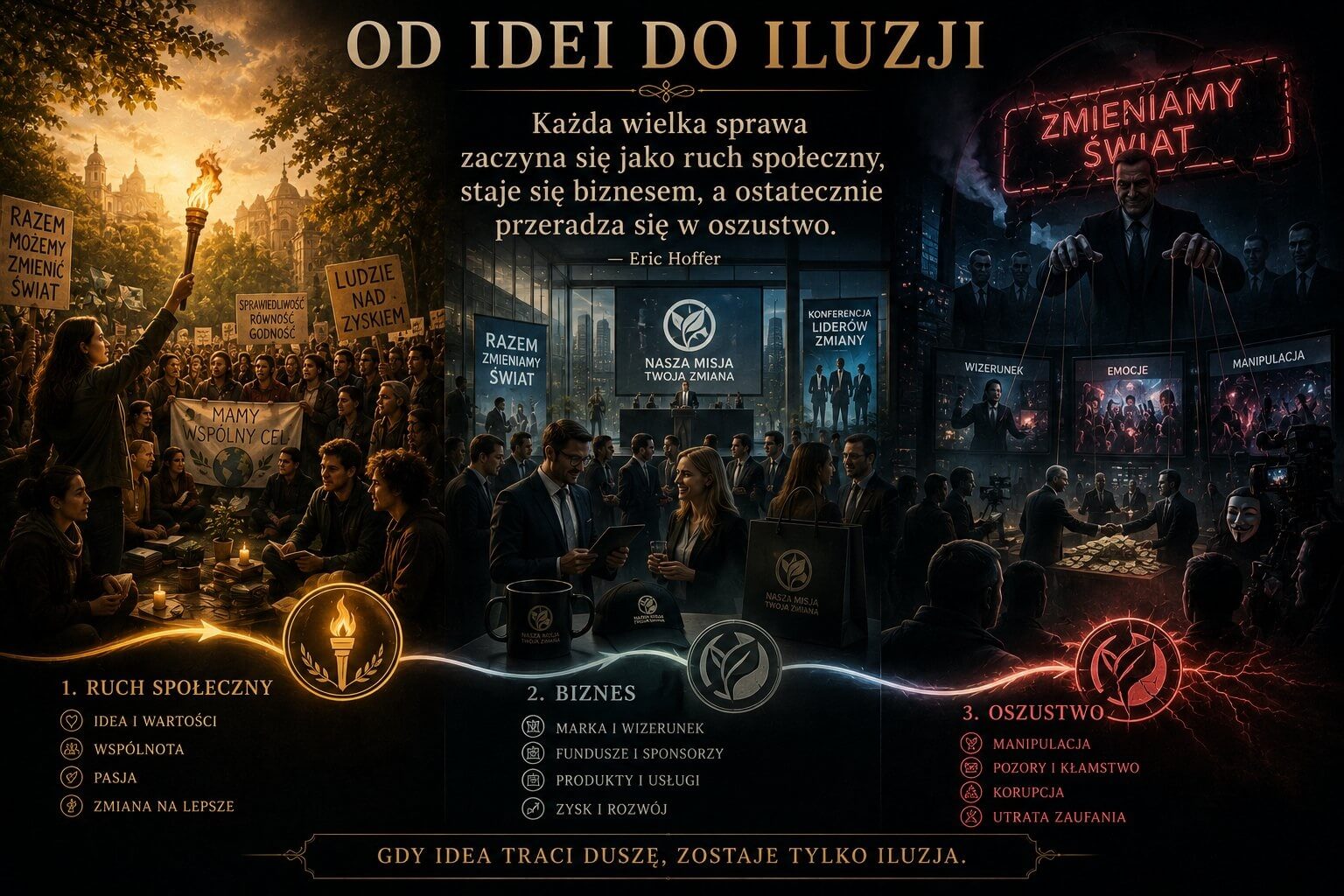 Każda wielka sprawa zaczyna się jako ruch społeczny, staje się biznesem, a ostatecznie przeradza się w oszustwo - Eric Hoffer