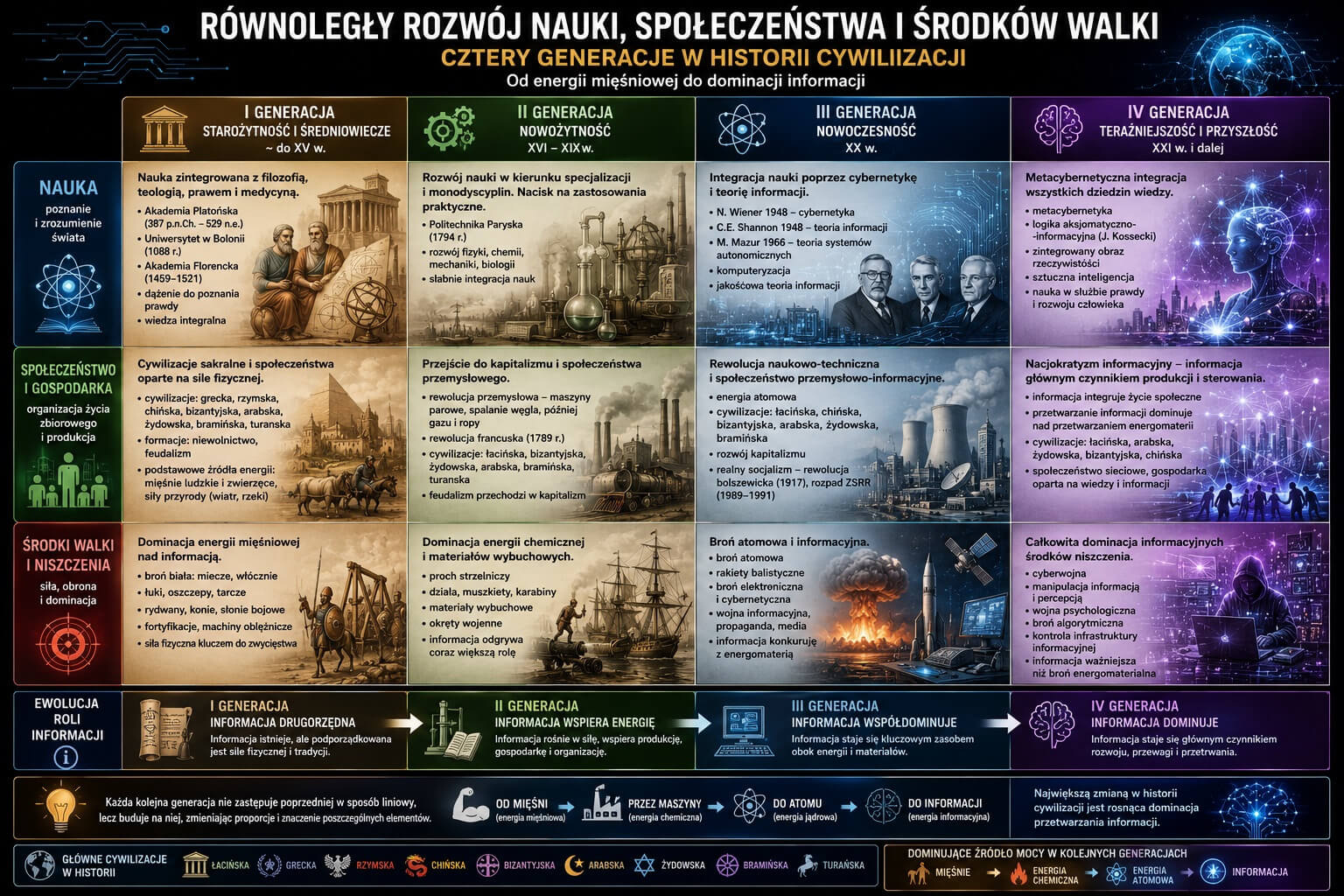 Równoległy Rozwój Nauki, Społeczeństwa i Środków Walki - Cztery Generacje w Historii Cywilizacji,
Od energii mięśniowej do dominacji informacji