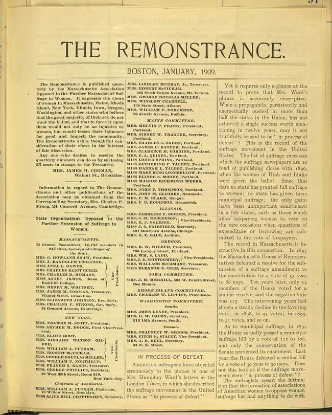 Rycina 2. W 1890 roku stowarzyszenie Massachusetts Association Opposed to the Further Suffrage Extension to Women